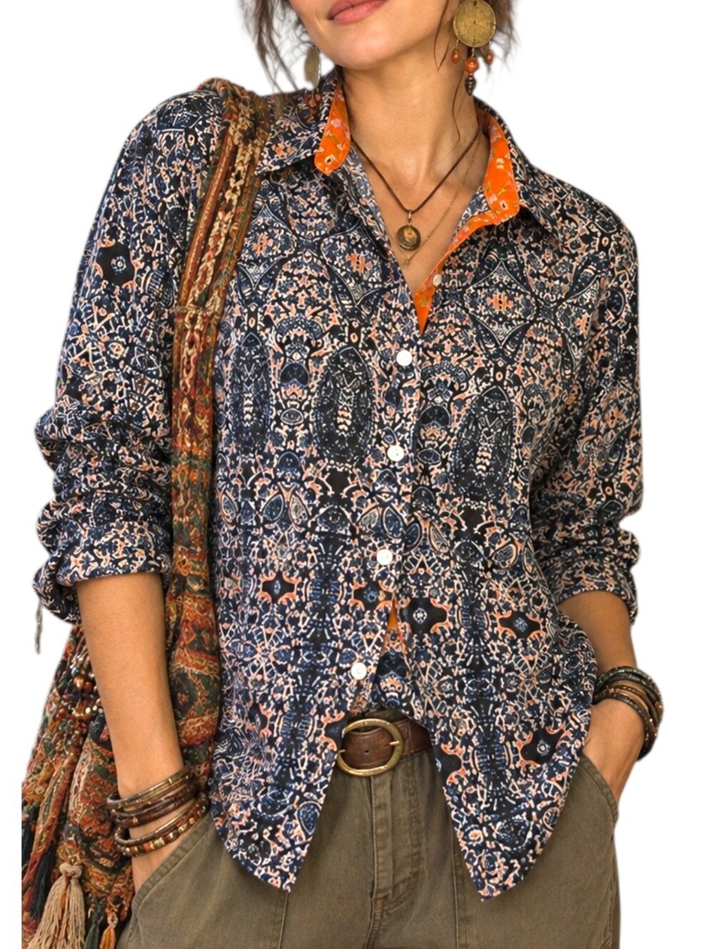 Joe Fresh XL Paisley 100% Cotton Button Down Navy Orange Boho Eclectic Indie Art